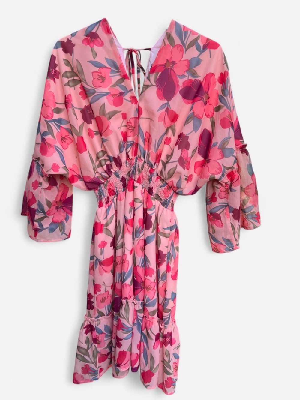 Pink Floral Midi Dress with Smocked Waist
